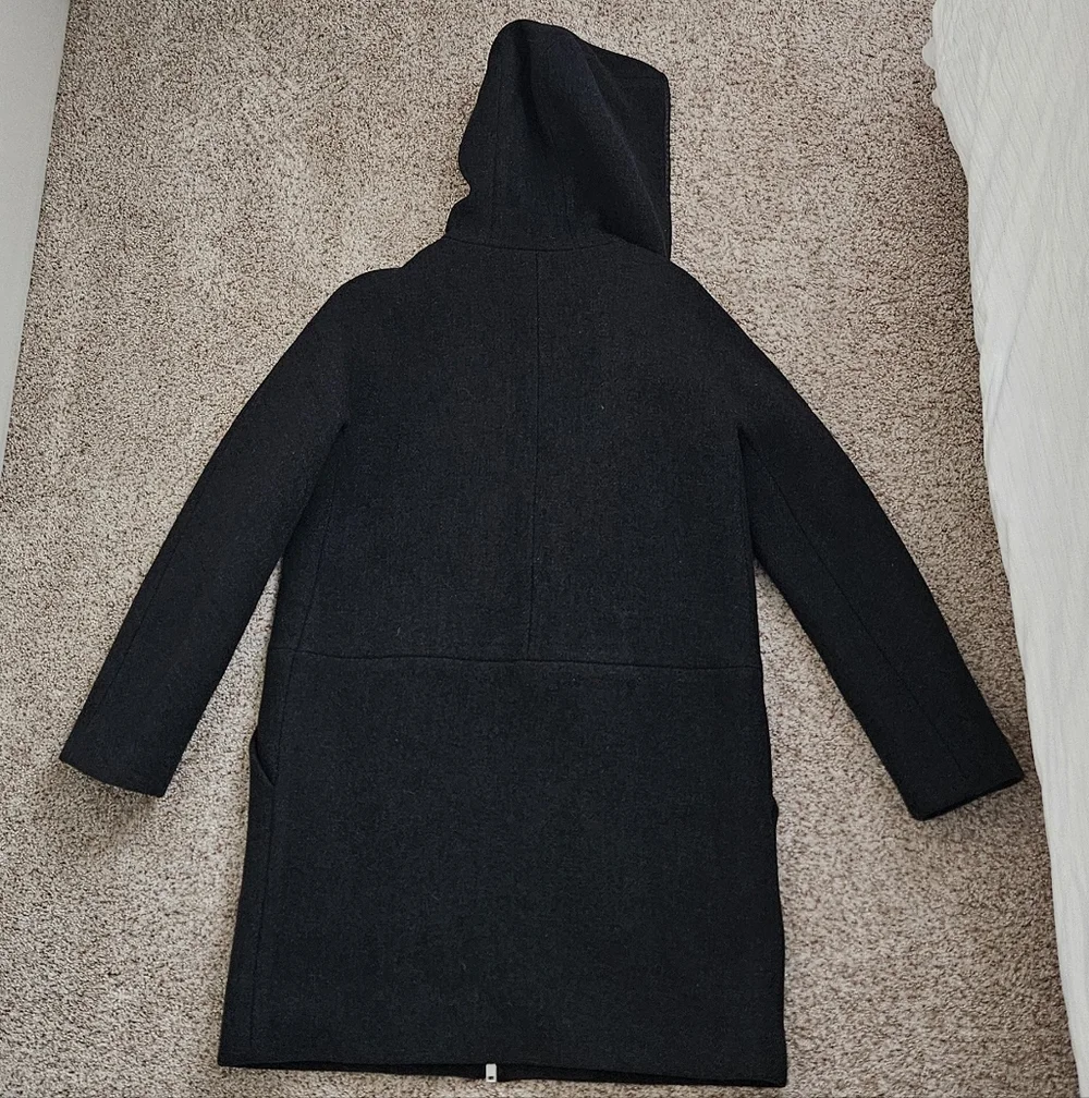 J. Crew Stadium Cloth Dark Gray Wool Blend Hooded Leather Trimmed Coat - Picture 10 of 11